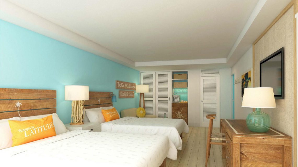 A rendering of a guest room at Margaritaville Grand Cayman Beach Resort on Seven Mile Beach.