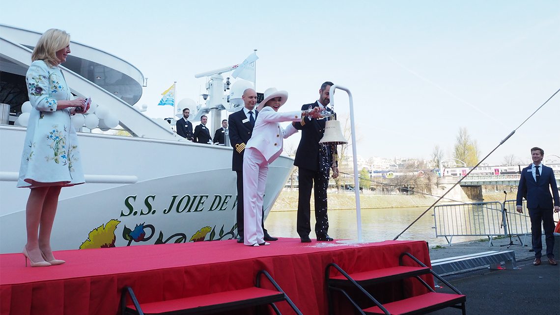 Dame Joan Collins christened Uniworld's new Seine River vessel, the S.S. Joie de Vivre, in Paris on Monday.
