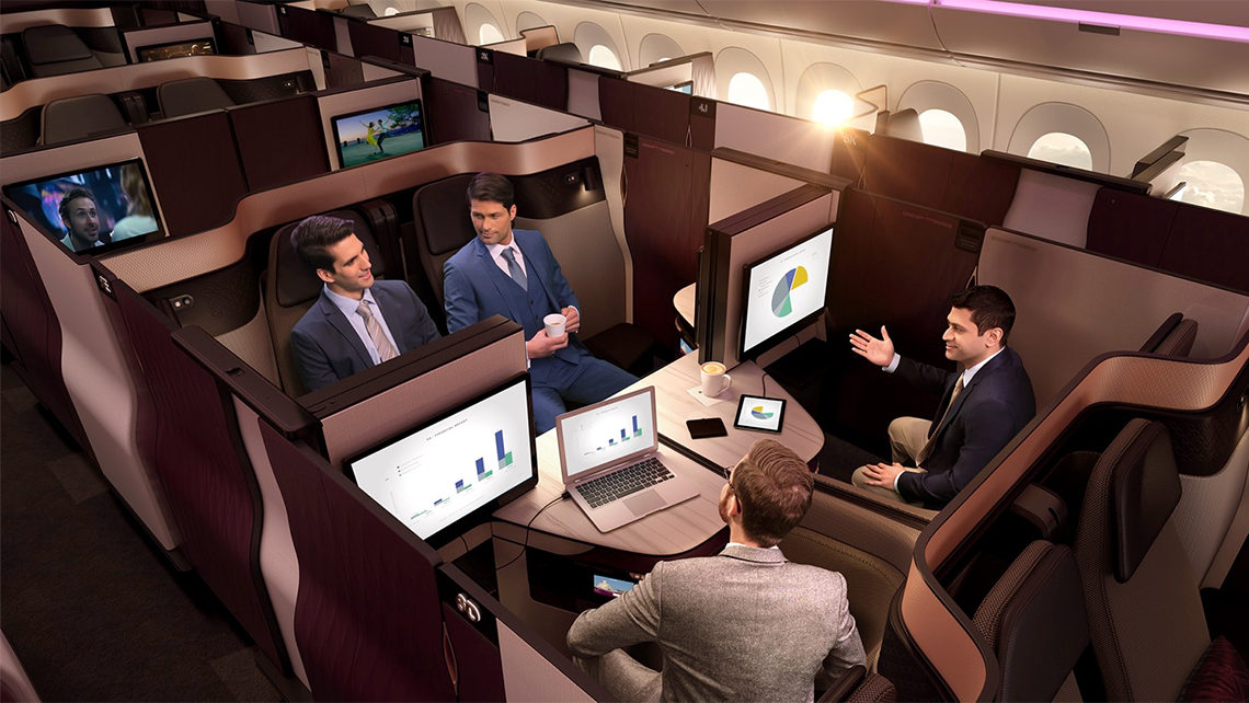 Four seats can form one suite on the new Qatar Airways QSuite business class.