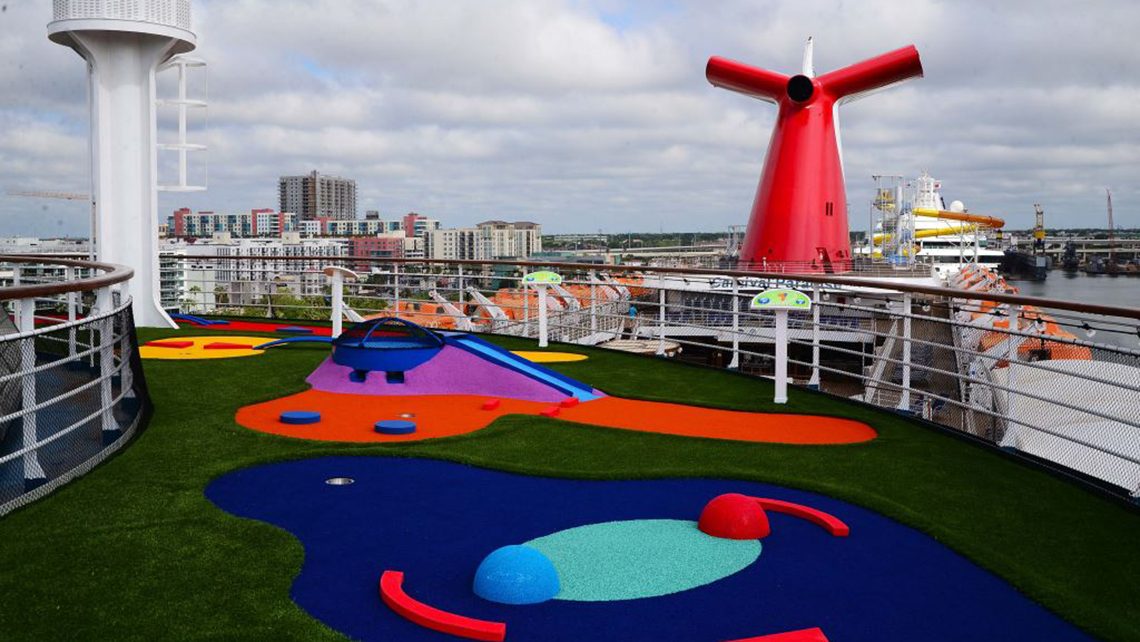 The mini-golf course has been moved up to Deck 14 in a month-long dry dock of the Carnival Cruise Line ship Carnival Paradise