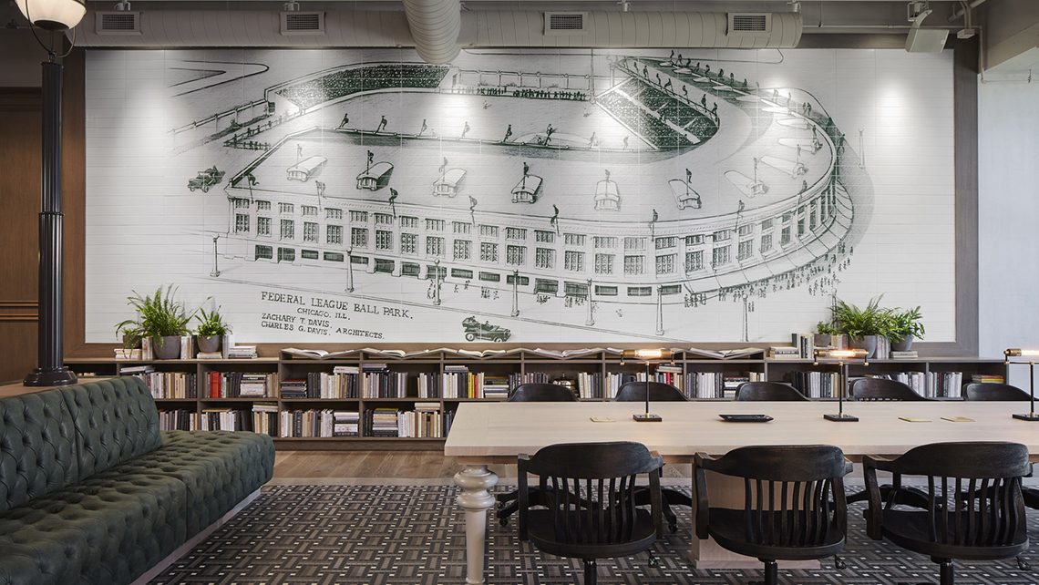 Chicago’s Hotel Zachary, named for Wrigley Field architect Zachary Taylor Davis, opened across the street from the ballpark in April 2018 and includes sketches of the ballpark in its common areas.