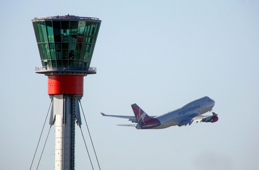 Heathrow Airport, new control tower, Boeing 747 taking off in distance, February 2006, Ref CHE02751d, D.P