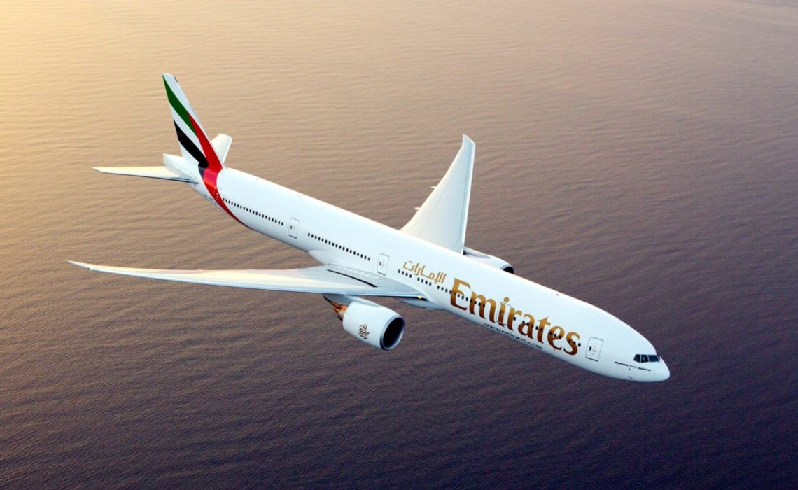 Emirates Boeing 777-300ER photographed on August 17, 2015 from Wolfe Air Aviation's Lear 25B.
